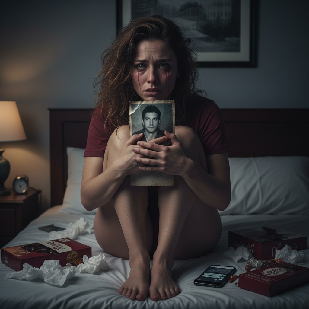 Una donna in lacrime siede sul letto abbracciando una vecchia fotografia di un uomo, circondata da fazzoletti e scatole di cioccolatini.