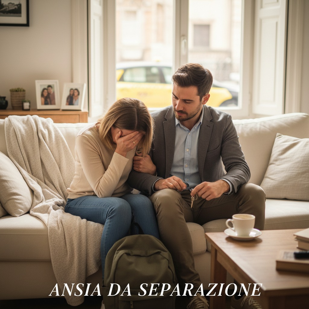 Un uomo conforta una donna che piange seduta sul divano con uno zaino ai piedi.