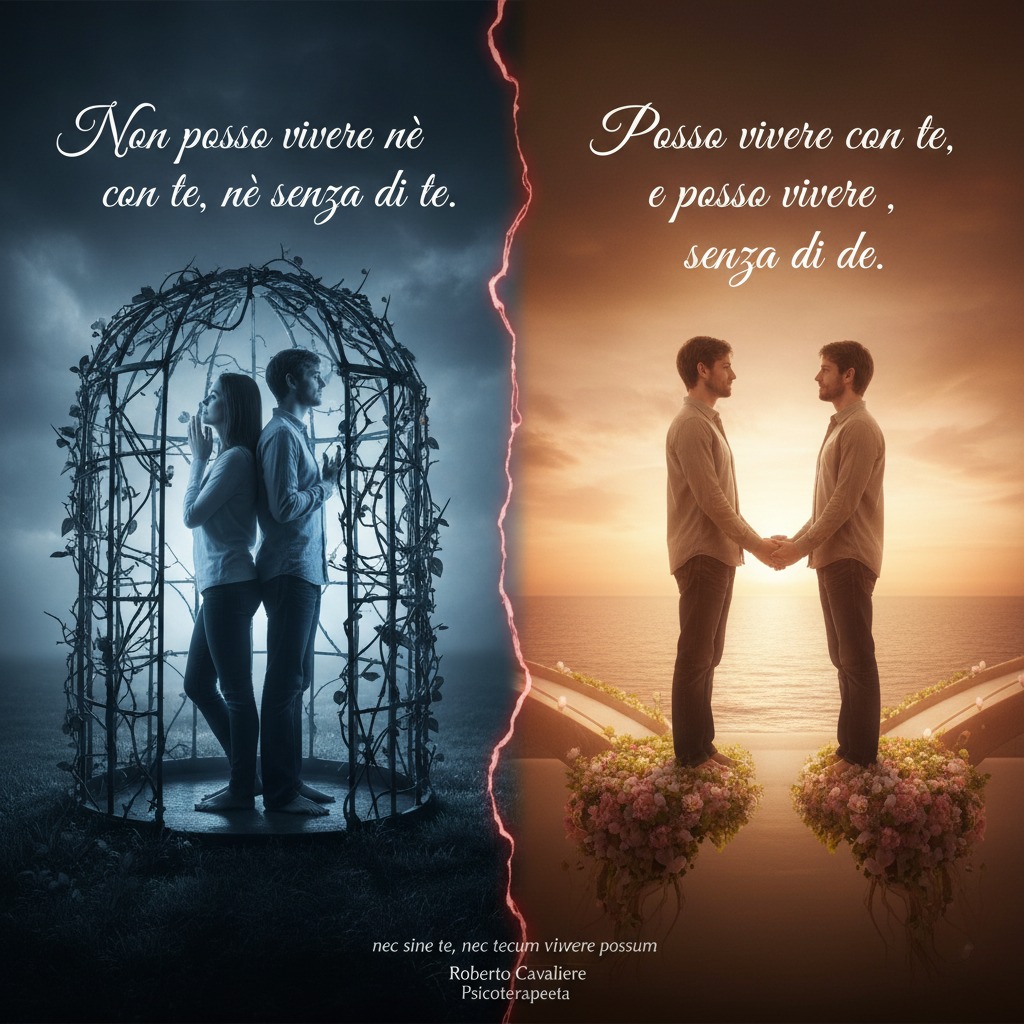 Un'immagine divisa a metà mostra a sinistra una coppia intrappolata in una gabbia con la scritta "Non posso vivere né con te, né senza di te", e a destra due uomini liberi che si tengono per mano su cuscini di fiori davanti al mare con la scritta "Posso vivere con te, e posso vivere, senza di te".